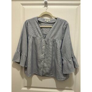 Madewell Peasant Blouse XL Blue White Striped Bell Sleeve VNeck